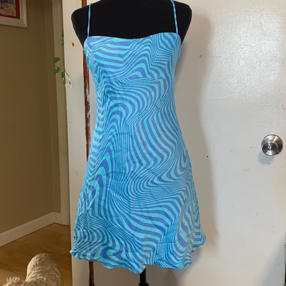 Zara satin open back laced mini dress blue swirl print size M